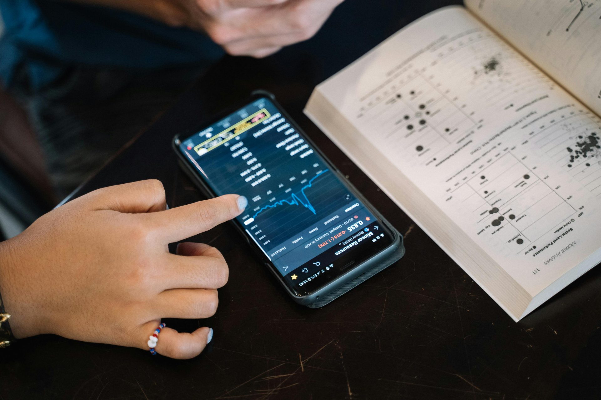 Hand zeigt auf Smartphone, auf dem Finanzdaten angezeigt werden, daneben offenes Buch.

